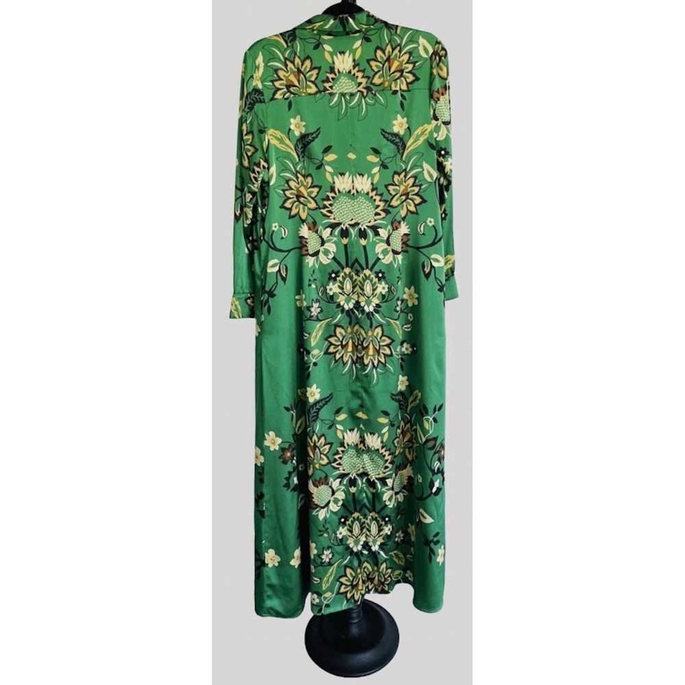 Chicos Size 2 US 12 Green Floral Satin Maxi Shirt Dress Long Sleeve Button Front - Picture 2 of 10